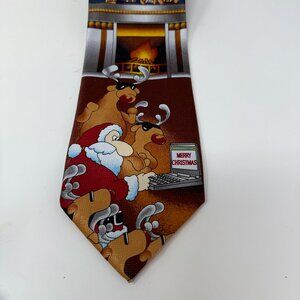 Men's Necktie Christmas Night Santa Clause Reindeer Laptop Fireplace Teddy Bears